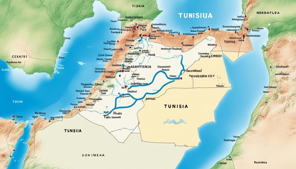 Map highlighting Tunisia's geographic boundaries in the North Africa region